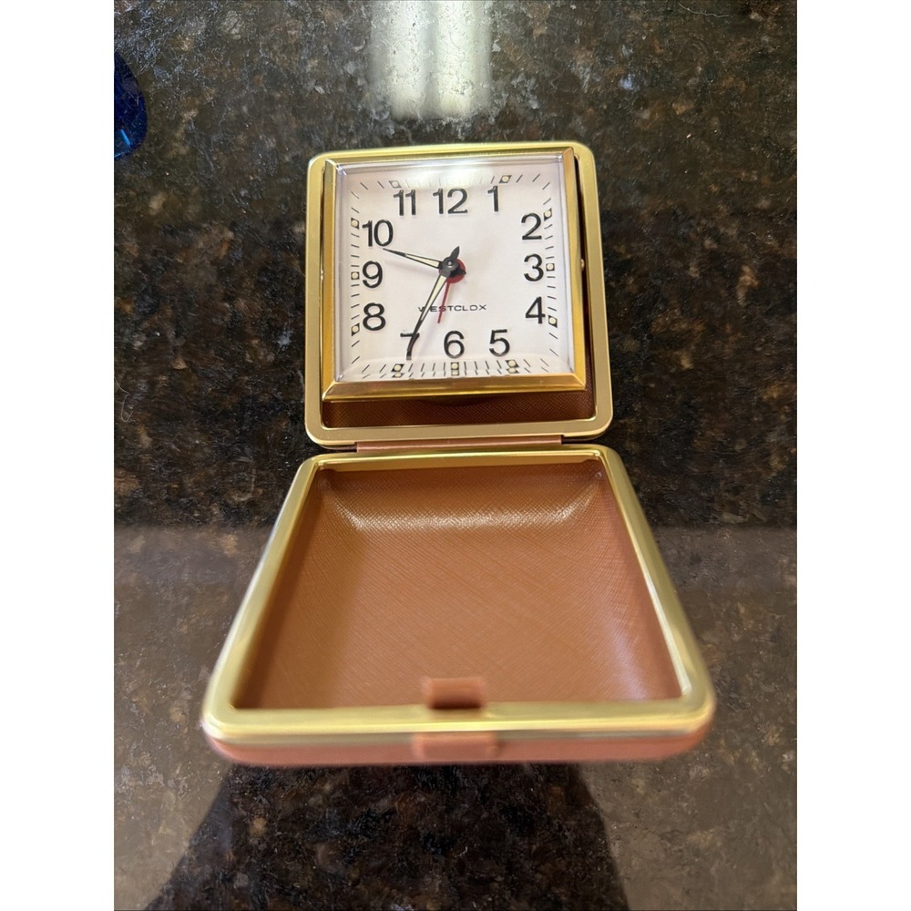Vintage Westclox‎ Travel Alarm Clock In Case Works Leather Case Brown Gold